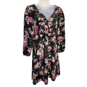 Vintage Ann Taylor Loft Dress Smocked V-Neck‎ XS Black Floral Asian Inspired